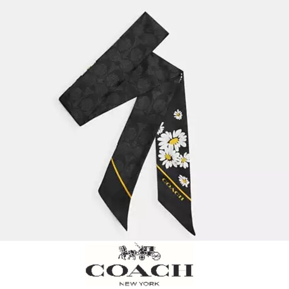 🌸 Coach Signature Daisy Cluster Print Silk Skinny Scarf - Picture 1 of 4